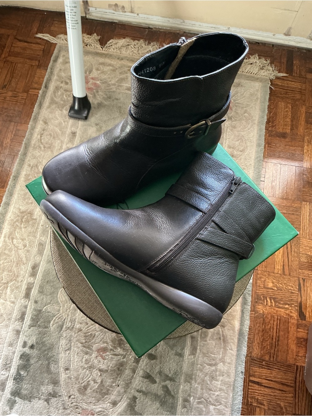 Ros Hommerson Black Leather Ankle Booties with Side Zip and Buckle